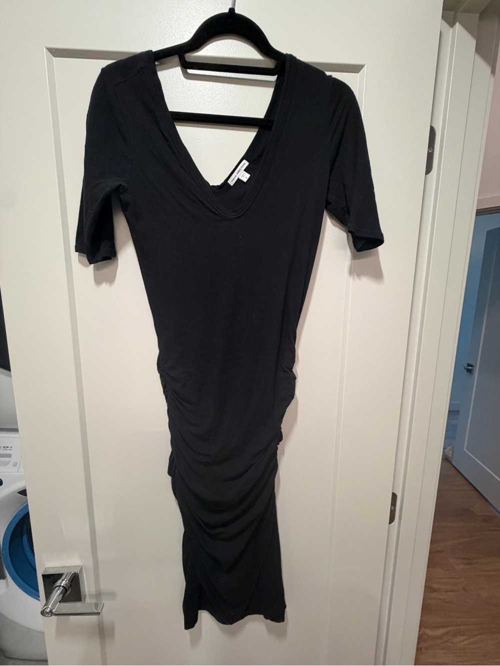 James Perse Black Ruched V-Neck Midi Dress